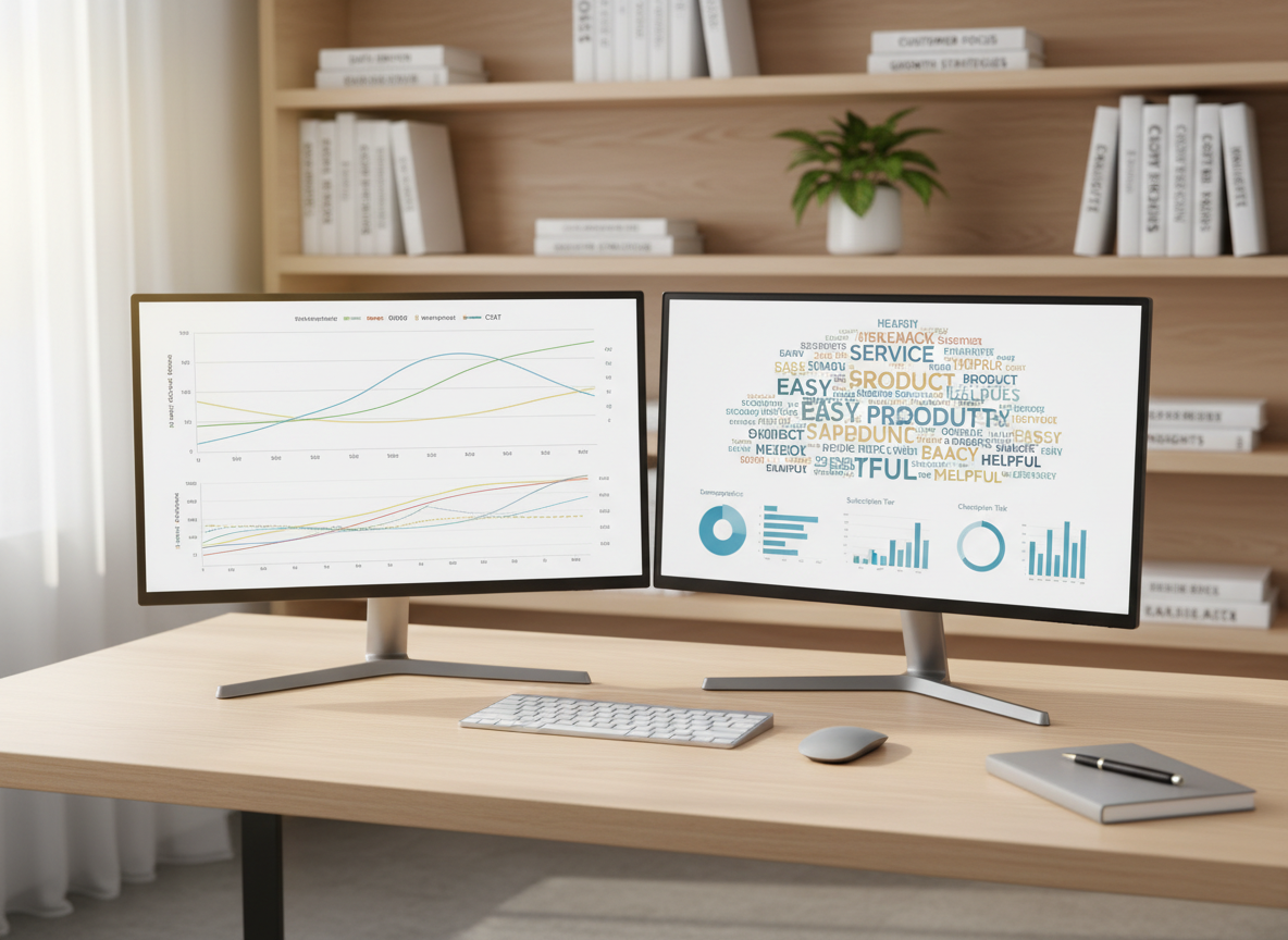 A modern, dual-monitor workstation on a light birch desk, each ultra-thin screen displaying different aspects of customer analytics: one with colorful NPS and CSAT trend graphs, the other with a detailed customer feedback word cloud and segmented dashboards. A wireless keyboard, precision mouse, and a slim, metallic notebook with a pen resting diagonally across it complete the setup. In the background, out-of-focus shelves contain neatly arranged business books and a single potted plant for a touch of green. Soft morning light from a side window illuminates the scene, reflecting subtly on the monitor bezels. Photographic realism from a slightly elevated angle, with a calm, focused atmosphere that emphasizes data-driven, customer-led decision-making.
