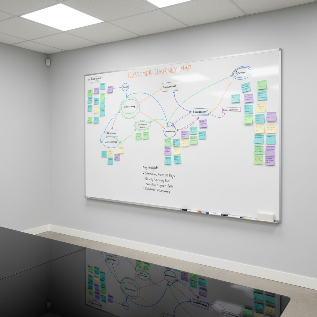 A large, wall-mounted whiteboard filled with a thoughtfully organized customer journey diagram, drawn with precise, colorful marker lines connecting labeled touchpoints, sticky notes in coordinated pastel colors, and neatly written insights about onboarding, adoption, and renewal. Below, a slim metal tray holds aligned markers and an eraser. The room has minimalist, light-gray walls and a smooth concrete floor, with a matte black glass conference table slightly out of focus in the foreground. Bright but diffused overhead lighting removes harsh shadows, giving a crisp, clean, photographic look. Shot from a three-quarter angle, the composition uses the rule of thirds to highlight the journey flow, creating an analytical yet optimistic mood centered on customer experience design.