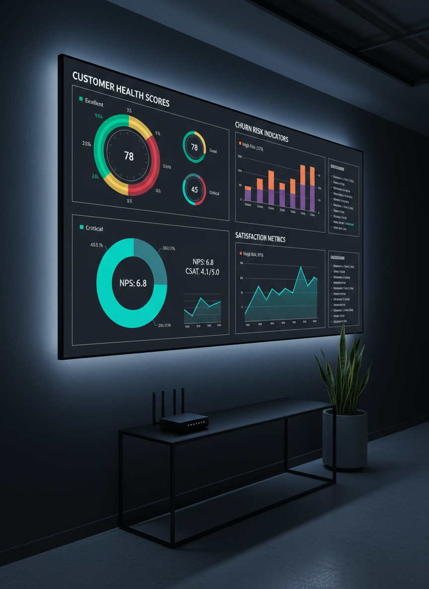 A sophisticated, large digital dashboard displayed on a wall-mounted ultra-wide screen in a dim, modern operations hub, showing real-time customer health scores, churn risk indicators, and satisfaction metrics in vibrant, clearly differentiated colors. Below the screen, a minimalist black console table supports a compact router with discreet indicator lights and a small, thriving green plant. Accent LED strips behind the screen emit a cool blue halo, contrasting with the otherwise dark charcoal walls. The camera is positioned at eye level with a slight angle, emphasizing the breadth of the dashboard. Photographic realism with crisp clarity throughout, creating a high-tech yet controlled, professional mood that underscores proactive, data-informed customer success operations.