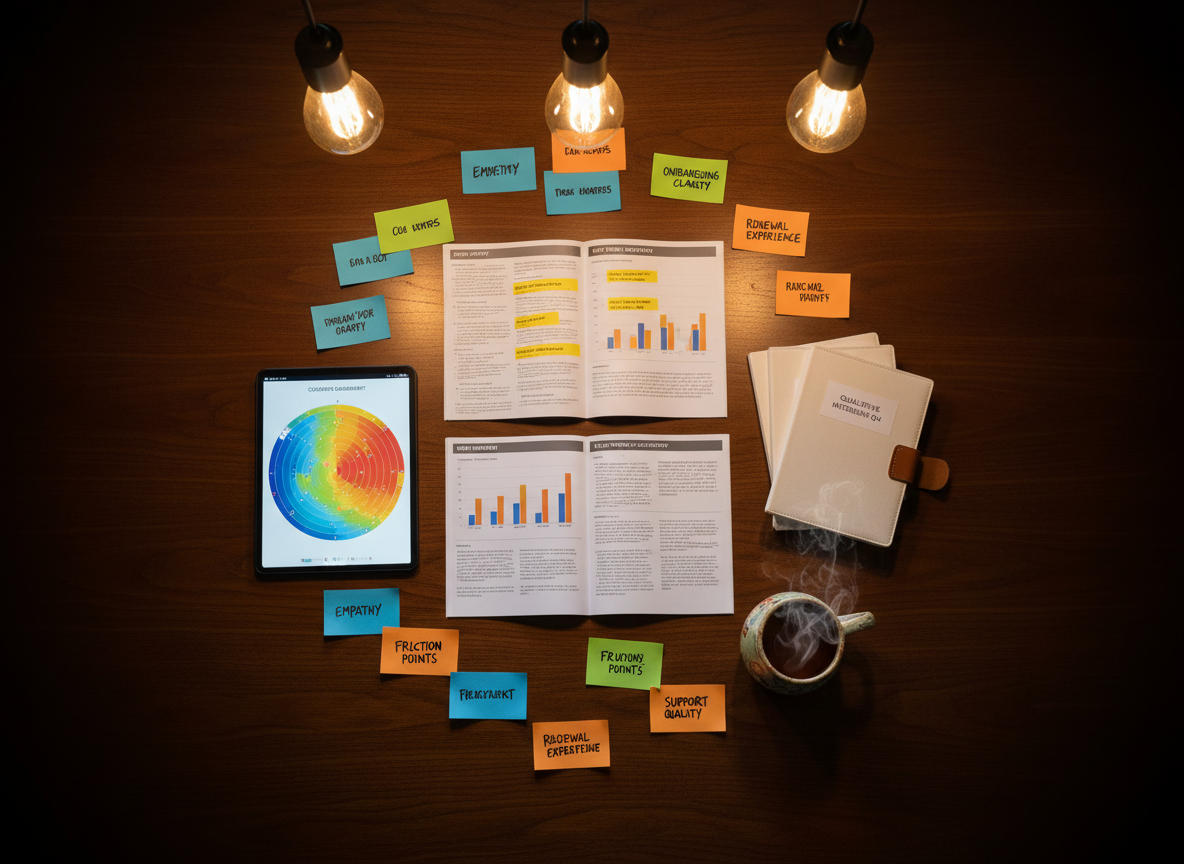 A circular arrangement of diverse, high-quality customer insight artifacts spread across a dark walnut tabletop: printed survey reports with highlighted key findings, a tablet showing a glowing heatmap of customer engagement, neatly bound customer interview transcripts, and color-coded index cards labeled with themes like “Empathy,” “Onboarding Clarity,” and “Renewal Experience.” A ceramic cup of tea sits just outside the circle, steam faintly visible. Overhead, warm pendant lighting casts a soft, even glow, creating gentle vignetting around the edges of the composition. Captured from a bird’s-eye view in sharp photographic detail, the image conveys a thoughtful, human-centered, and methodical approach to understanding and improving the customer experience.